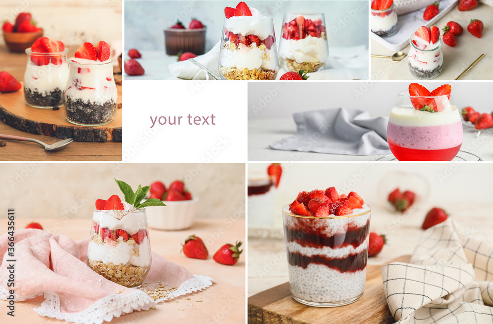 Collage of photos with tasty strawberry desserts and space for text