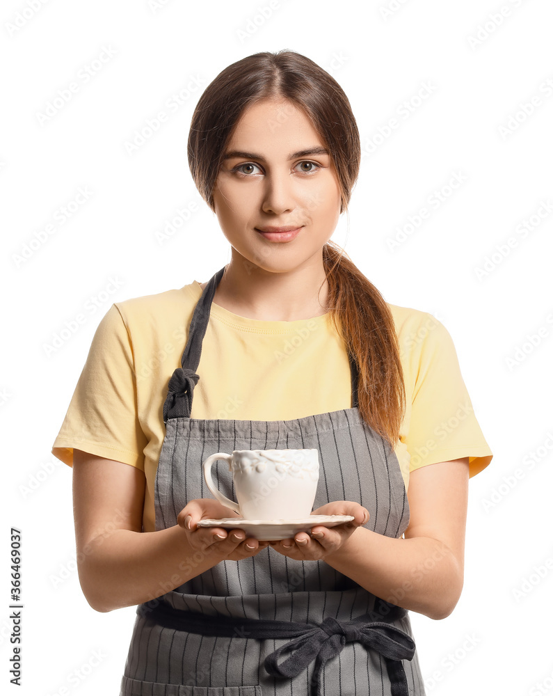 Female barista on white background