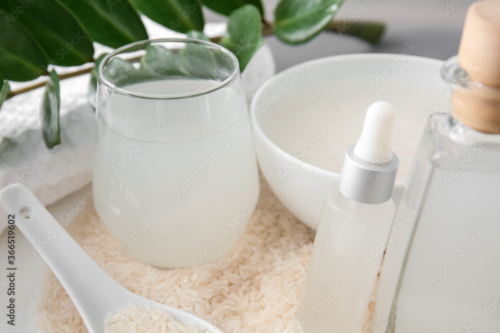 Healthy rice water on table, closeup