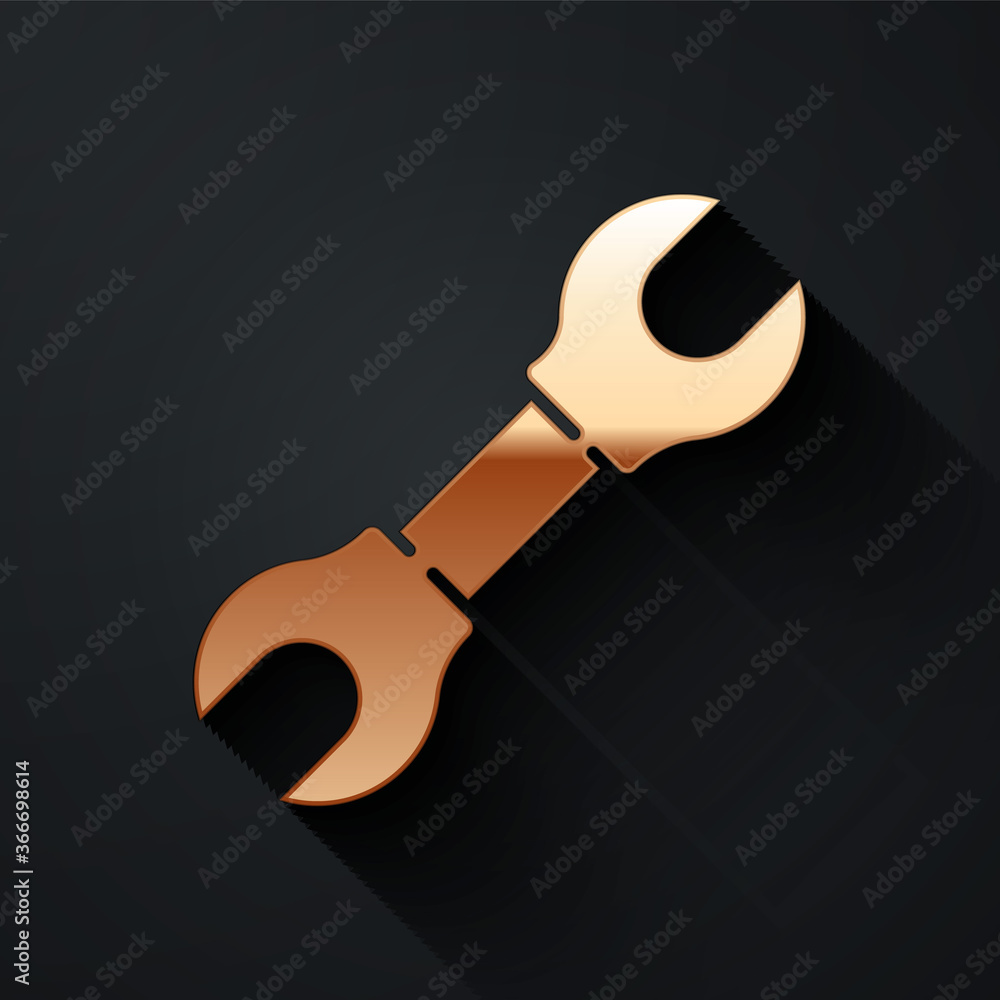 Gold Wrench spanner icon isolated on black background. Long shadow style. Vector Illustration.