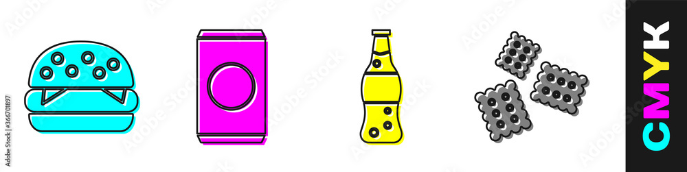 套装汉堡，吸管苏打罐，一瓶水和饼干图标。矢量。