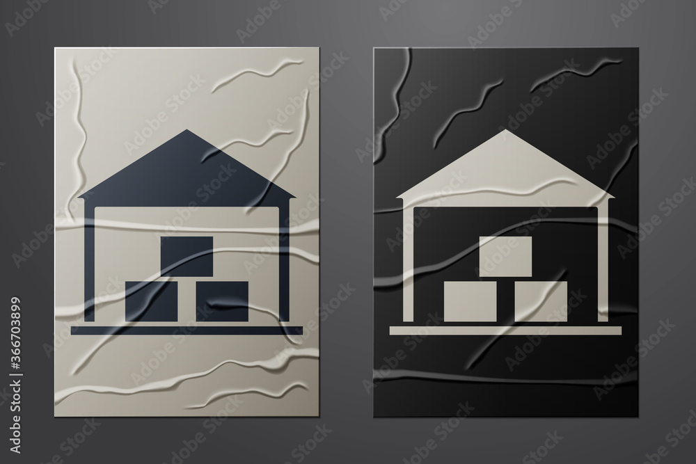 白色仓库图标隔离在皱巴巴的纸背景上。纸艺术风格。矢量插图。