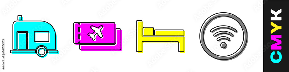 设置Rv露营拖车、机票、床和Wi-Fi无线互联网图标。矢量。