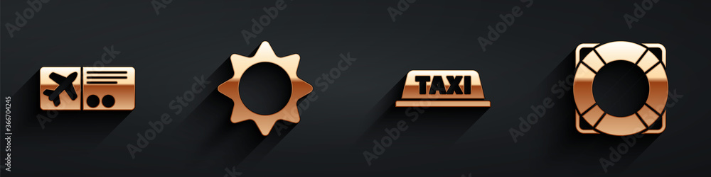 Set Airline ticket, Sun, Taxi car roof and Lifebuoy icon with long shadow. Vector.