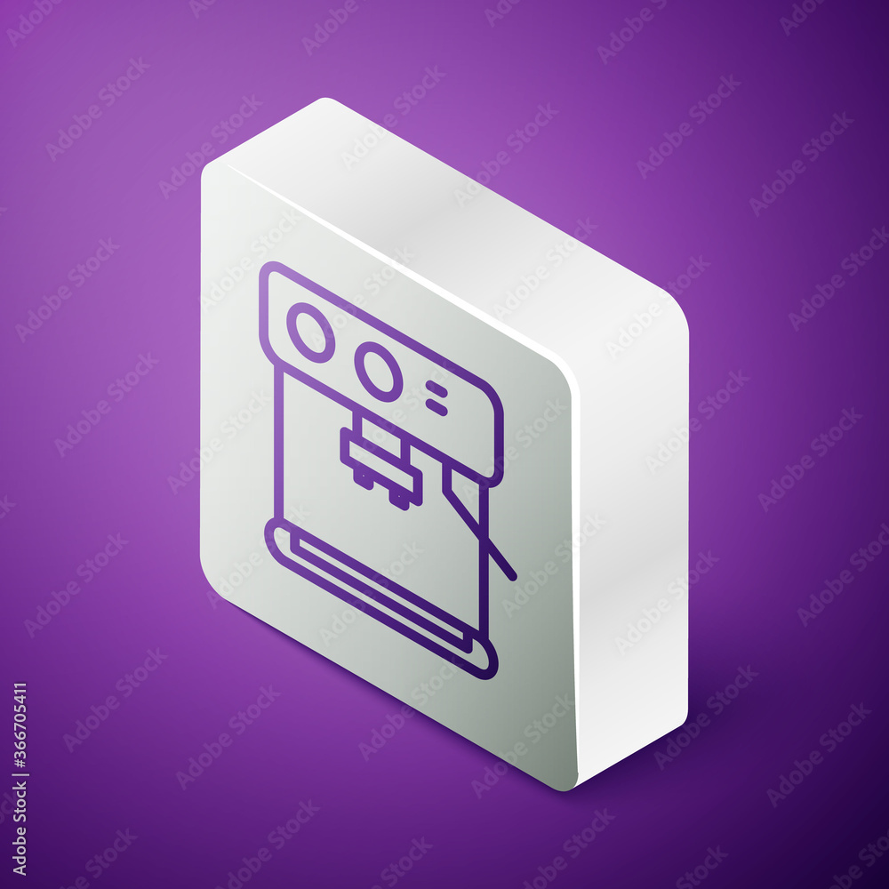 Isometric line Coffee machine icon isolated on purple background. Silver square button. Vector Illus