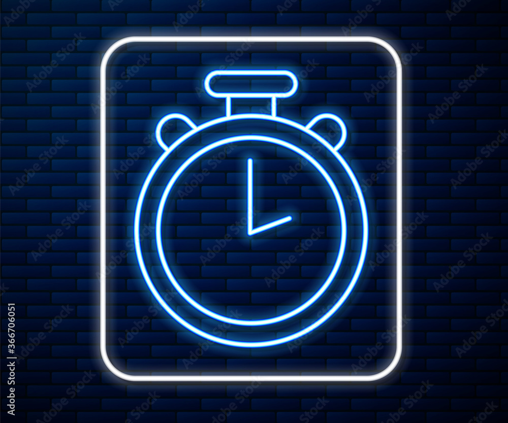 Glowing neon line Stopwatch icon isolated on brick wall background. Time timer sign. Chronometer sig