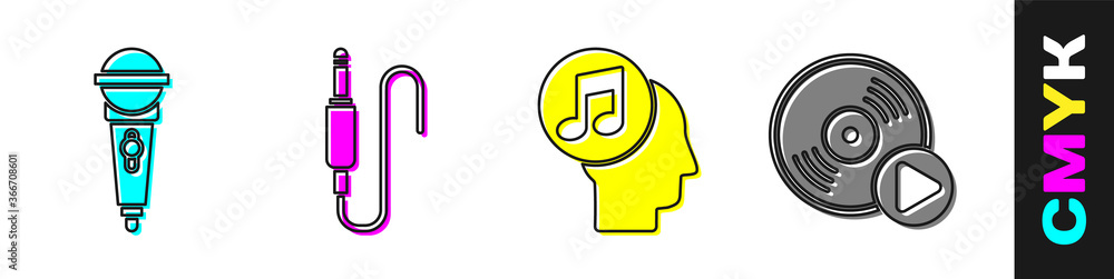 Set Microphone, Audio jack, Musical note in human head and Vinyl disk icon. Vector.