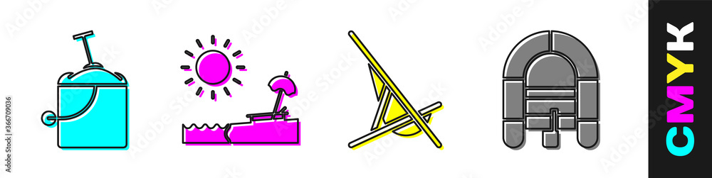 Set Sand in bucket with shovel, Beach with umbrella and chair, Sunbed and Rafting boat icon. Vector.