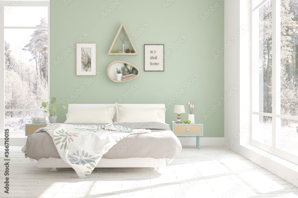 White bedroom with winter landscape in window. Scandinavian interior design. 3D illustration