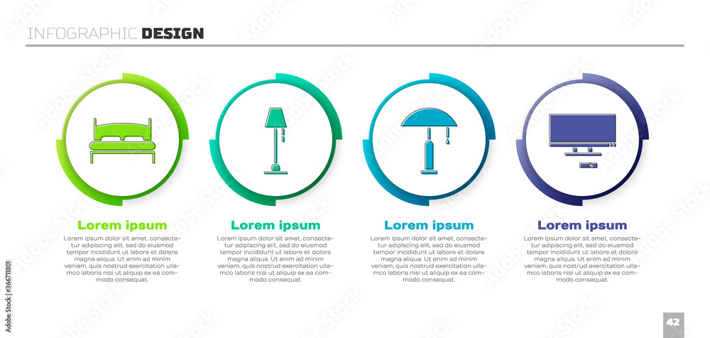 设置大床、落地灯、台灯和智能电视。商业信息图模板。矢量。