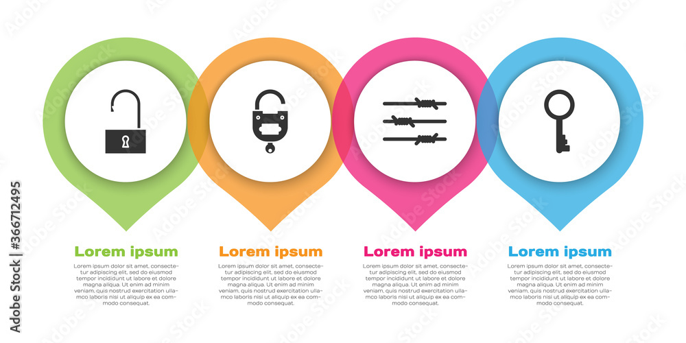 设置打开的挂锁、锁和钥匙、铁丝网和旧钥匙。商业信息图模板。矢量插图