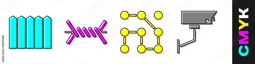 设置木制花园围栏，铁丝网，图形密码保护和安全摄像头图标。矢量。