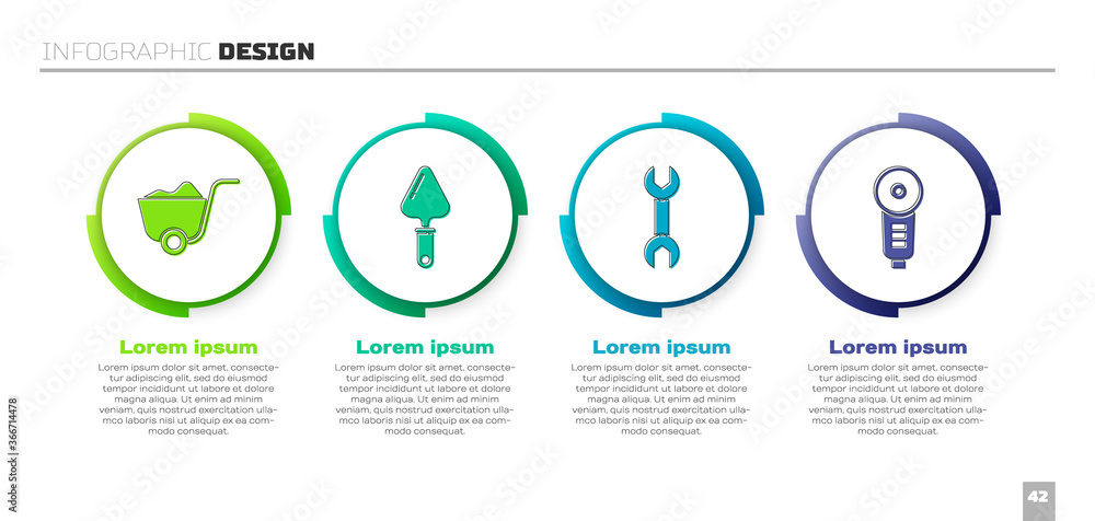 设置电铲、镘刀、扳手和角磨机。商业信息图模板。矢量。