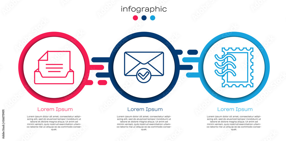 Set line Drawer with document, Envelope and check mark and Postal stamp. Business infographic templa