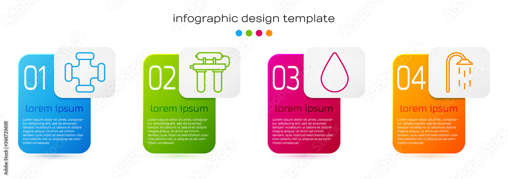 成套工业金属管、水过滤器、水滴和淋浴器。商业信息图模板。