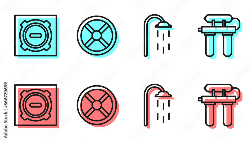 设置淋浴器、下水道井盖、工业阀门和水过滤器图标。矢量。