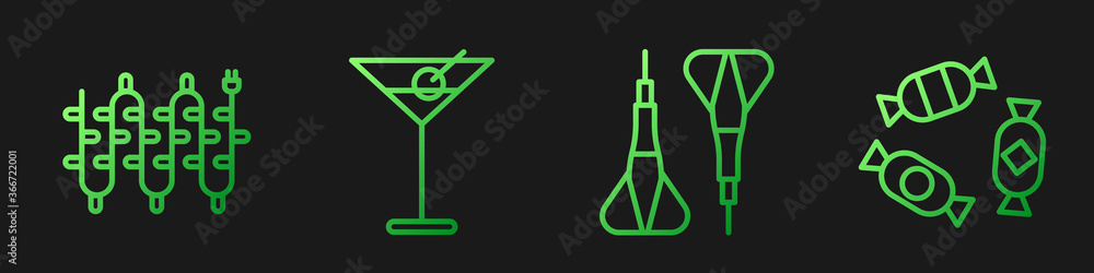 设线飞镖箭头，圣诞灯，马提尼玻璃和糖果。渐变色图标。矢量。
