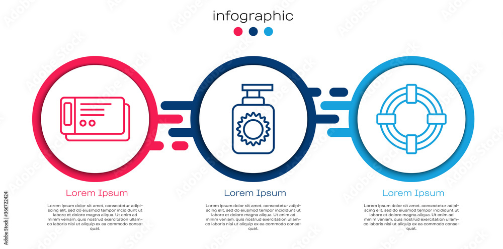 套票、防晒喷雾瓶和救生圈。商业信息图模板。矢量。