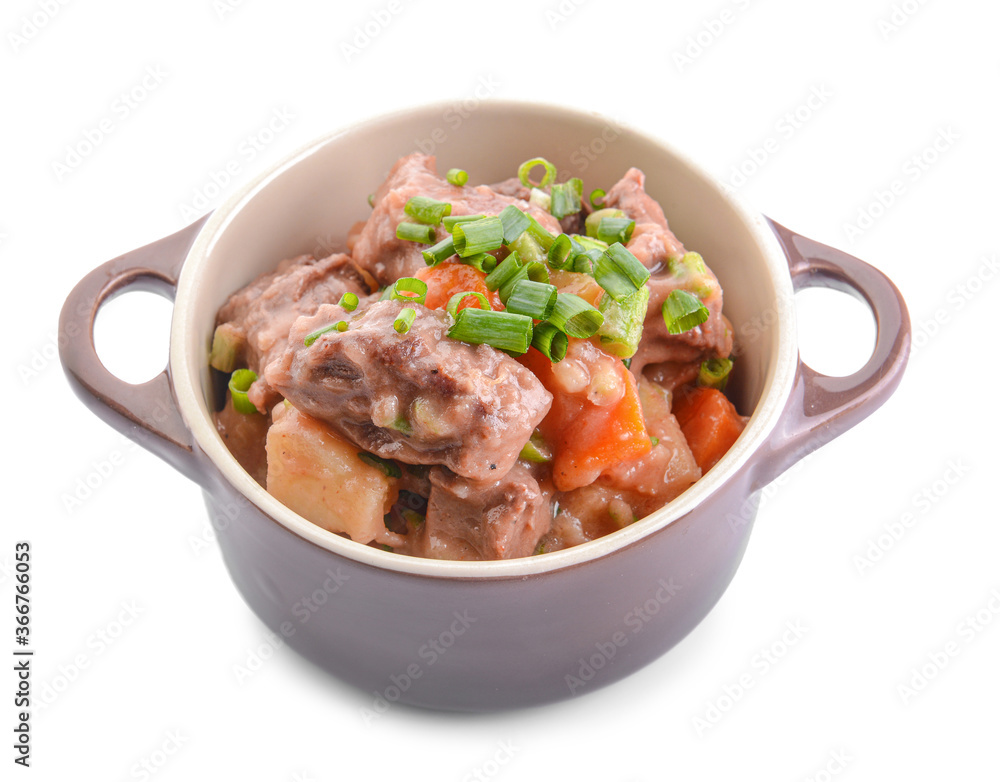 Pot with tasty beef stew on white background