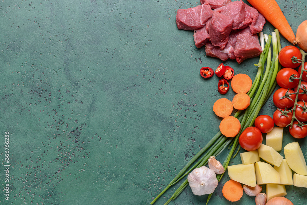 Ingredients for tasty beef stew on color background