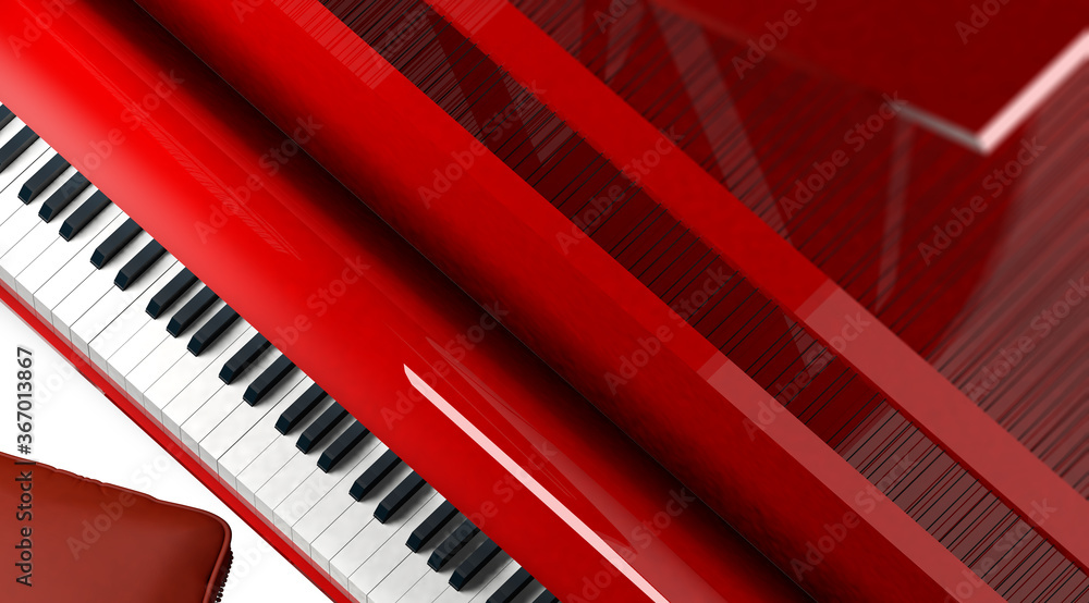 Musical design.3d illustration.Close-up red grand piano keyboard keys background.