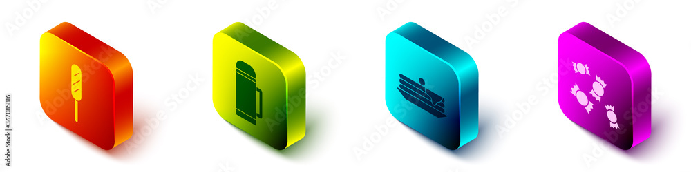 Set Isometric Corn dog, Thermos container, Stack of pancakes and Candy icon. Vector.