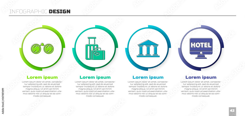 设置双筒望远镜、手提箱、博物馆建筑和在线酒店预订。商业信息图模板.V