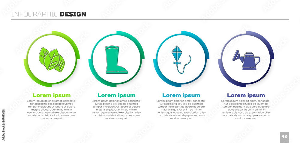 Set Leaf or leaves，防水橡胶靴，风筝和水桶。商业信息图模板。Ve