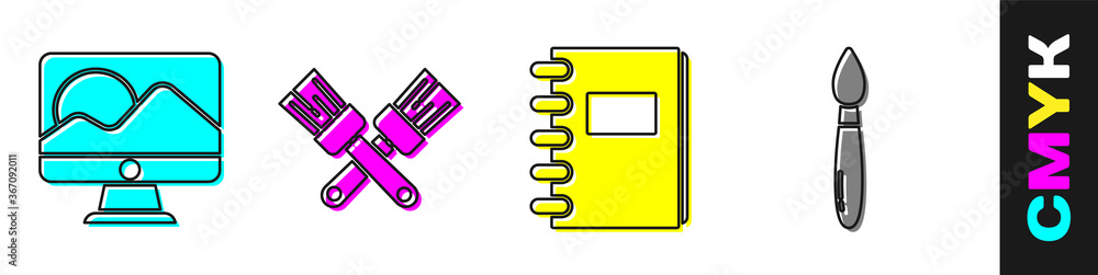 设置计算机监视器屏幕、交叉画笔、螺旋笔记本和画笔图标。矢量。