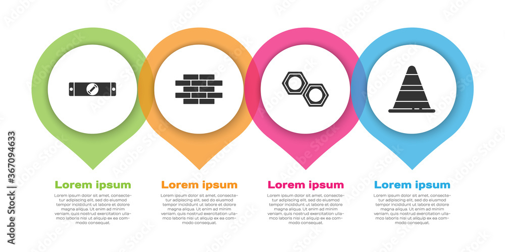 设置建筑气泡水平仪、砖块、六角金属螺母和交通锥。商业信息图te