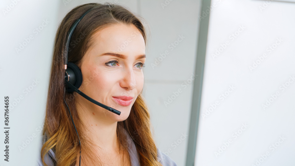 Business people wearing headset working in office to support remote customer or colleague. Call cent