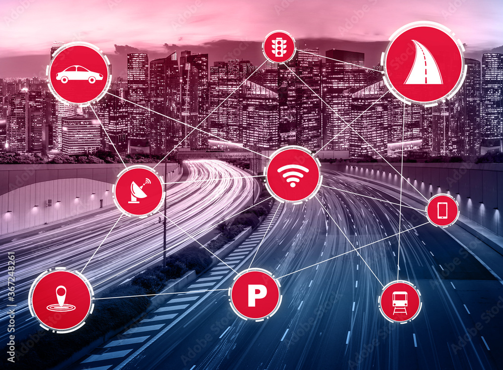 Smart transport technology concept for future car traffic on road . Virtual intelligent system makes