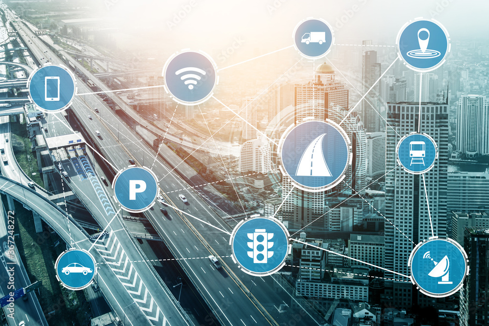 Smart transport technology concept for future car traffic on road . Virtual intelligent system makes