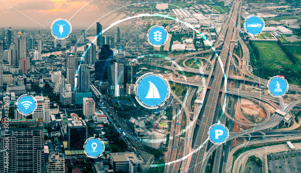 Smart transport technology concept for future car traffic on road . Virtual intelligent system makes