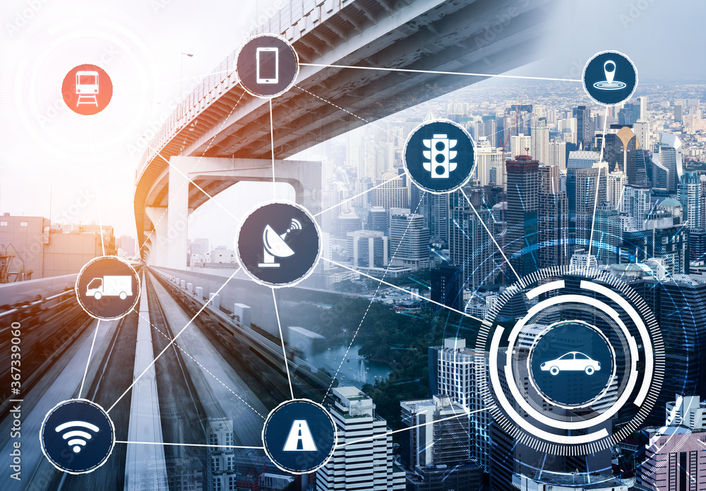 Smart transport technology concept for future car traffic on road . Virtual intelligent system makes