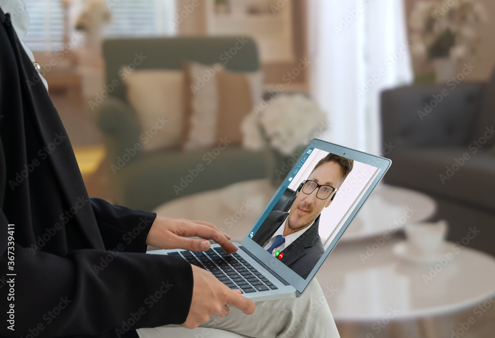 Video call business people meeting on virtual workplace or remote office. Telework conference call u