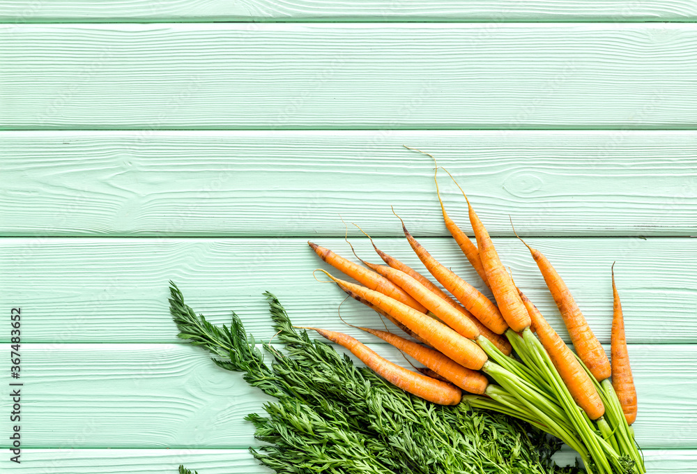 Carrot harvest. Vegetables with green tops top view space for text