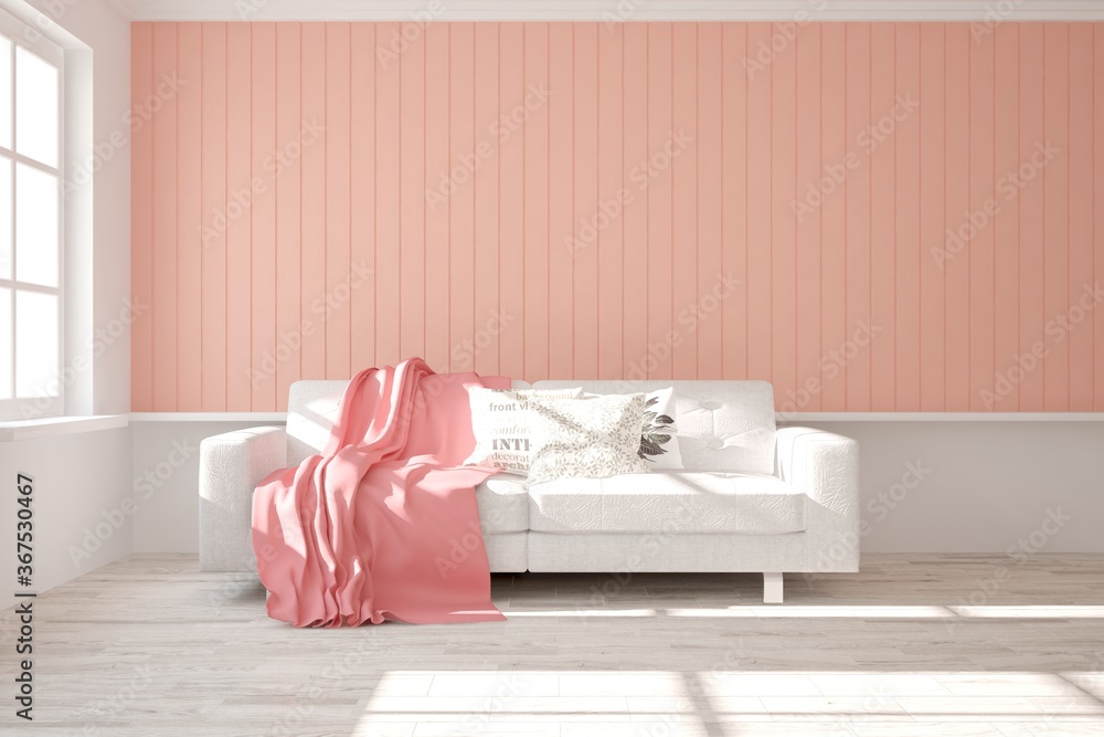 White modern room with coral sofa. Scandinavian interior design. 3D illustration