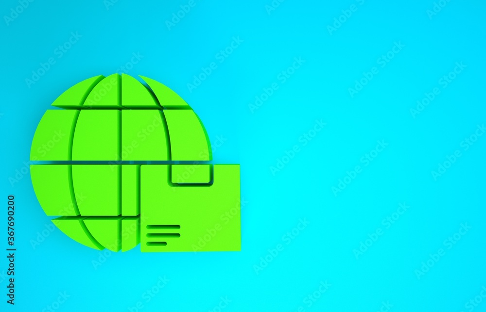 Green Worldwide shipping and cardboard box icon isolated on blue background. Minimalism concept. 3d 