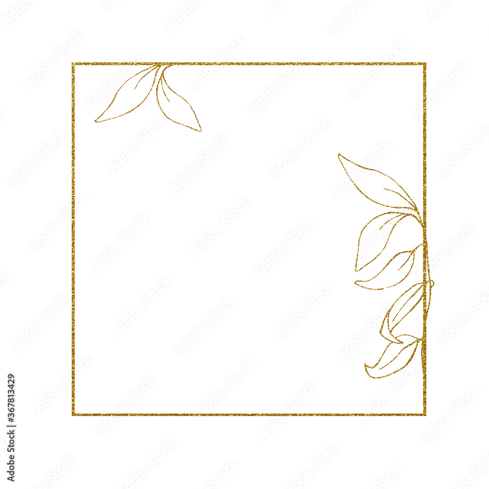 golden square, rectangular frame, with golden eucalyptus leaves. minimalistic vintage design. shinin