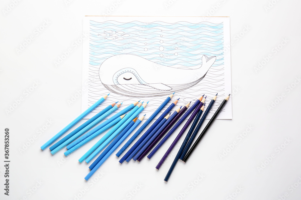 Coloring picture and pencils on white background