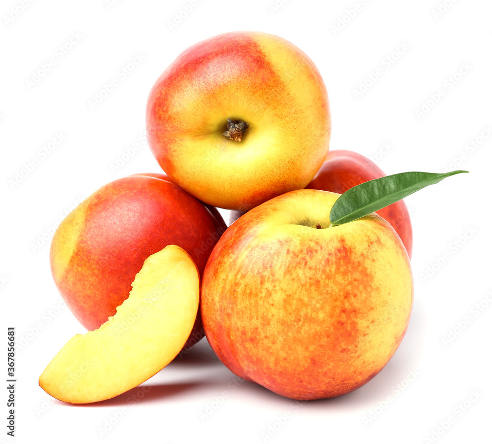 Sweet ripe nectarines on white background