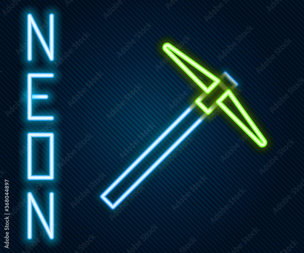 Glowing neon line Pickaxe icon isolated on black background. Colorful outline concept. Vector Illust