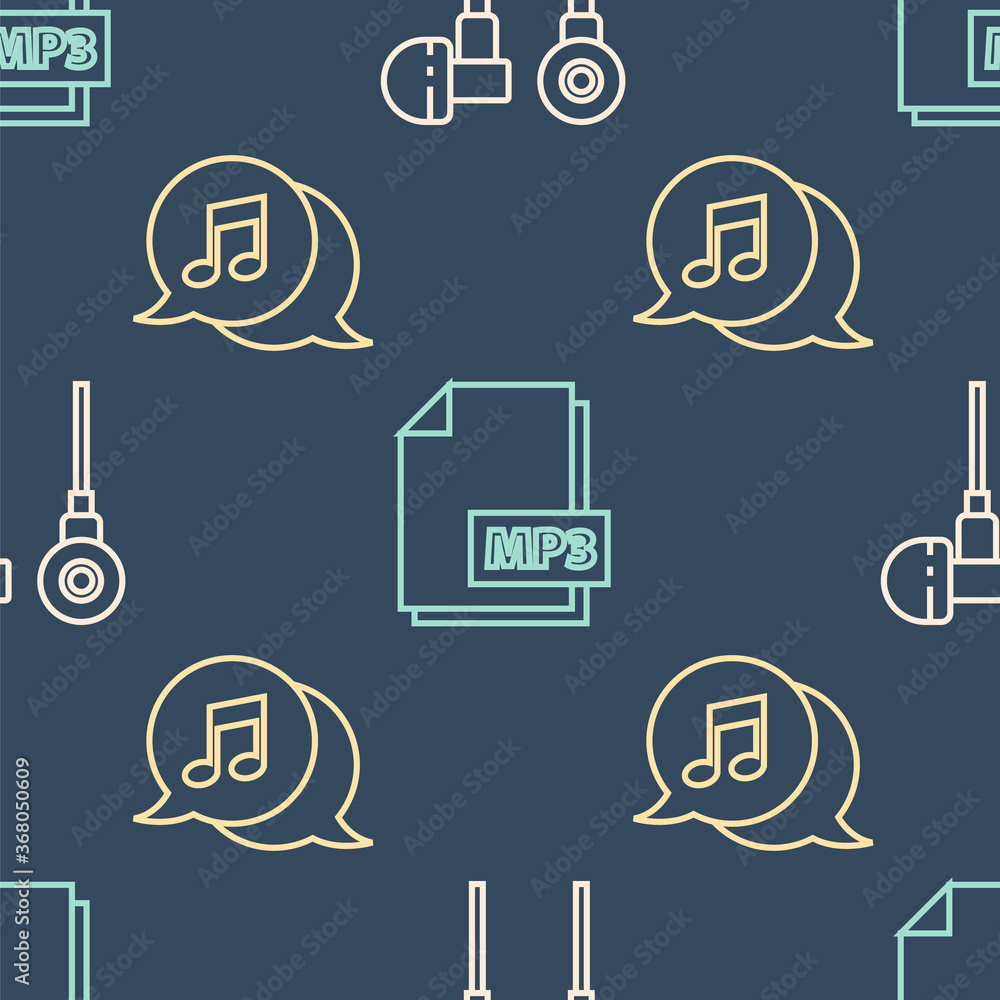 Set line Air headphones, Musical note in speech bubble and MP3 file document on seamless pattern. Ve