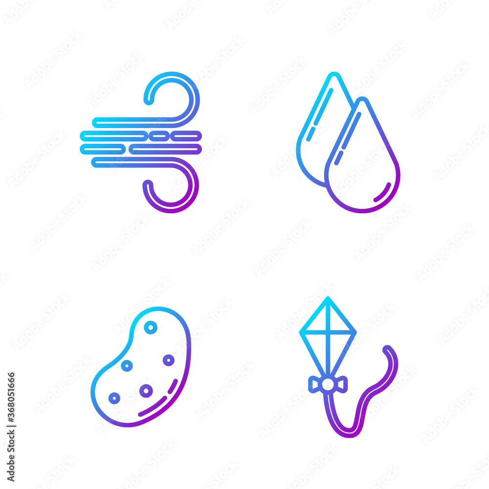 Set line Kite, Potato, Wind and Water drop. Gradient color icons. Vector.