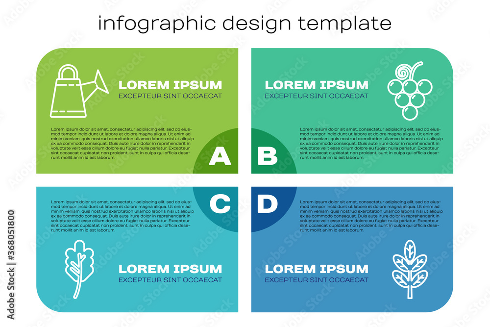 设置行叶子或叶子，浇水罐，叶子或叶子和葡萄果实。商业信息图模板