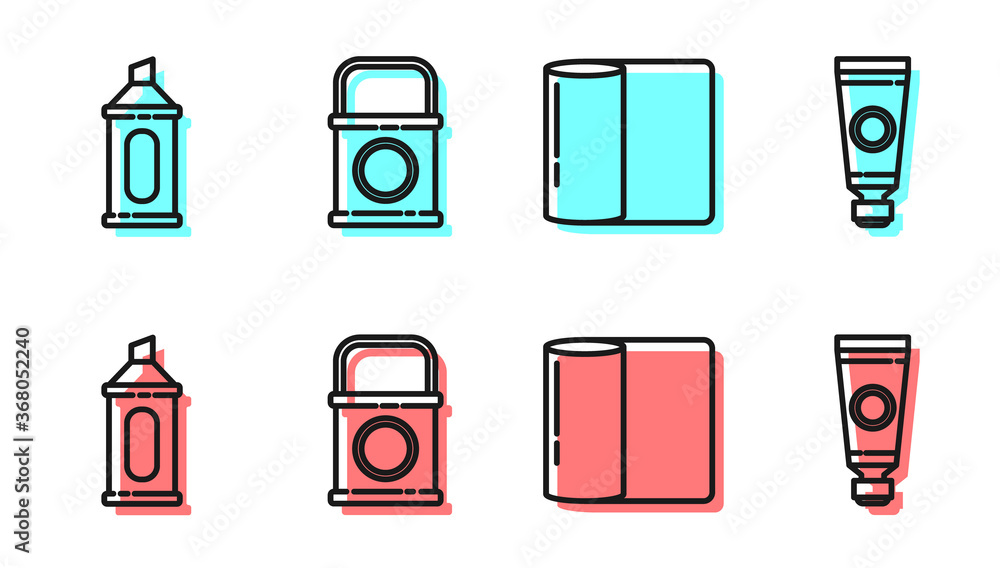 设置线条纸巾卷、记号笔、油漆桶和带有调色板图标的Tube。矢量。