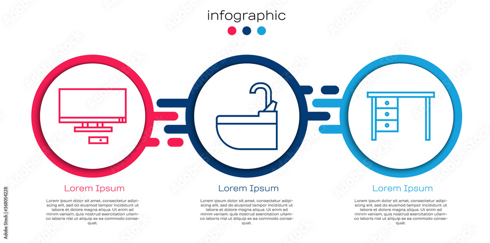 设线智能电视、带水龙头的洗手盆和办公桌。商业信息图模板。矢量。