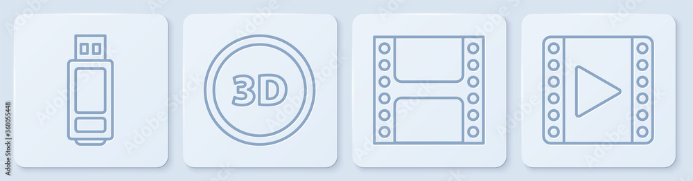 设置线USB闪存驱动器、播放视频、3D单词和播放视频。白色方形按钮。矢量。