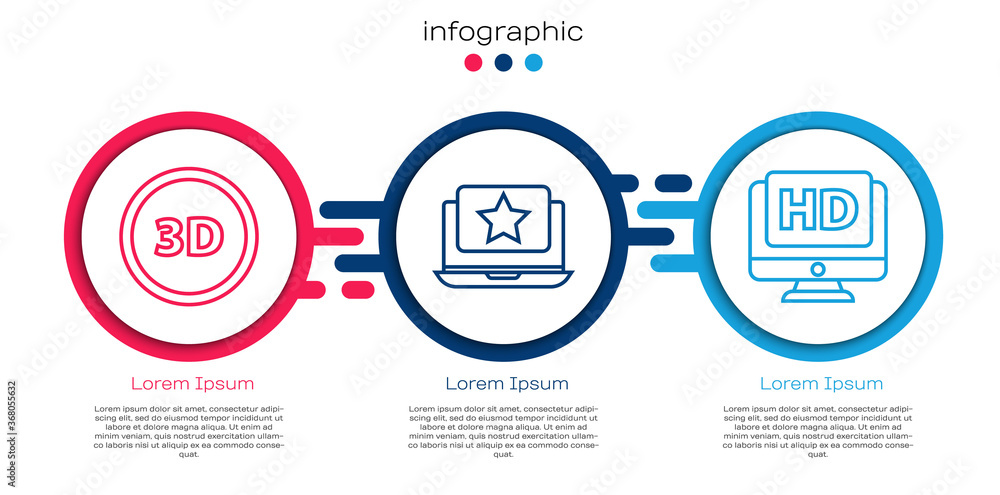 设置行3D字，带星形的笔记本电脑和带高清视频的显示器。商业信息图模板。矢量。